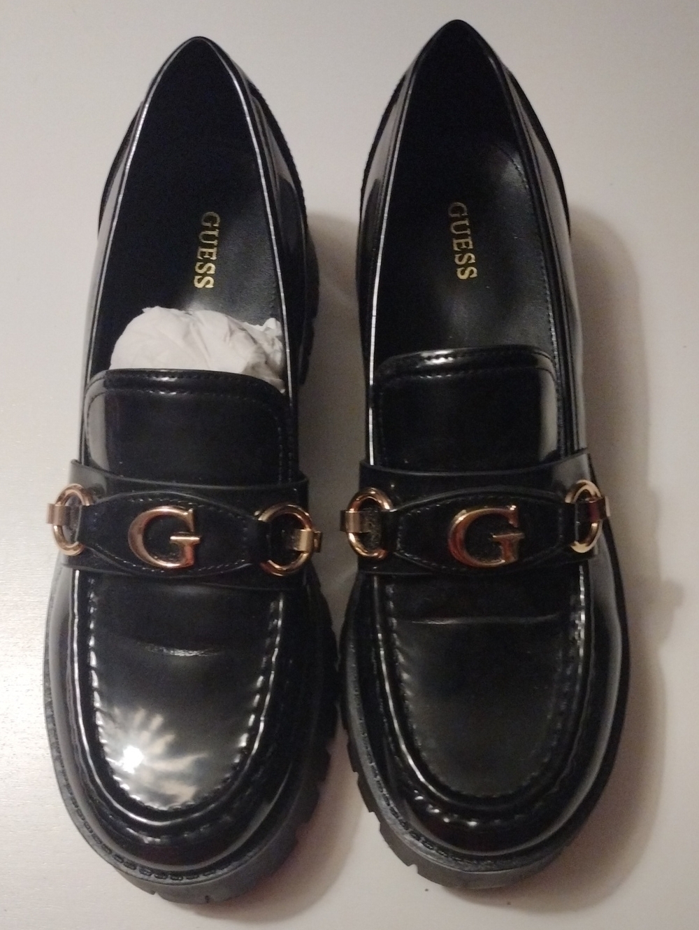 GUESS Black Patent Leather Loafers with Gold G-Link Accent